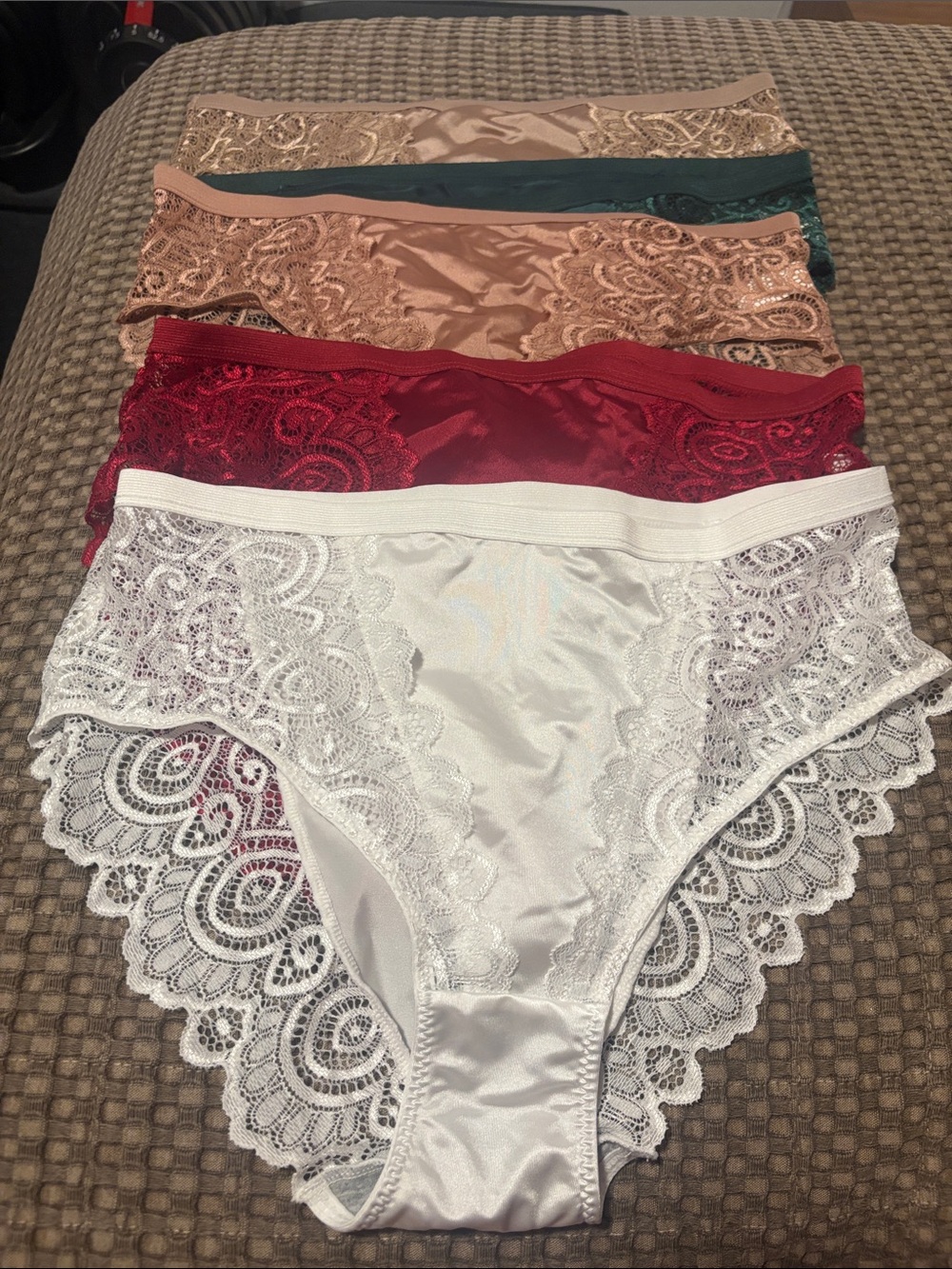 SHEIN Satin & Lace Bikini Panty Set - White, Red, Tan, Green